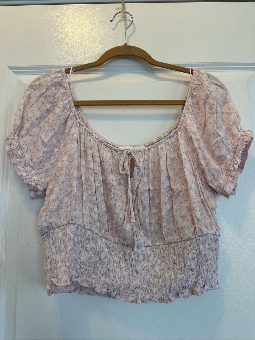 Pink Rose Pale Pink Floral Tie-Front Peasant Blouse